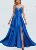 Katelynn A-line V-Neck Floor-Length Satin Prom Dresses With Pleated UKP0021057