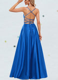 Katelynn A-line V-Neck Floor-Length Satin Prom Dresses With Pleated UKP0021057