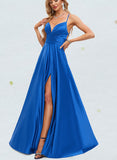 Katelynn A-line V-Neck Floor-Length Satin Prom Dresses With Pleated UKP0021057