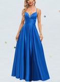 Katelynn A-line V-Neck Floor-Length Satin Prom Dresses With Pleated UKP0021057