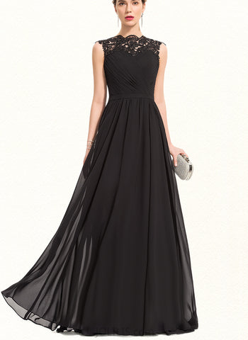 Gertrude A-line High Neck Floor-Length Chiffon Lace Evening Dress With Pleated UKP0021060