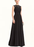 Gertrude A-line High Neck Floor-Length Chiffon Lace Evening Dress With Pleated UKP0021060