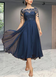 Susie A-line Boat Neck Illusion Tea-Length Chiffon Lace Evening Dress With Cascading Ruffles Sequins UKP0021065