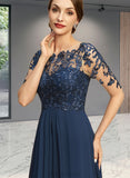 Susie A-line Boat Neck Illusion Tea-Length Chiffon Lace Evening Dress With Cascading Ruffles Sequins UKP0021065