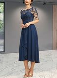 Susie A-line Boat Neck Illusion Tea-Length Chiffon Lace Evening Dress With Cascading Ruffles Sequins UKP0021065