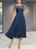 Susie A-line Boat Neck Illusion Tea-Length Chiffon Lace Evening Dress With Cascading Ruffles Sequins UKP0021065