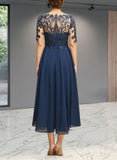 Susie A-line Boat Neck Illusion Tea-Length Chiffon Lace Evening Dress With Cascading Ruffles Sequins UKP0021065