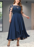 Susie A-line Boat Neck Illusion Tea-Length Chiffon Lace Evening Dress With Cascading Ruffles Sequins UKP0021065