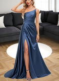 Mildred Trumpet/Mermaid One Shoulder Sweep Train Satin Prom Dresses With Pleated UKP0021068