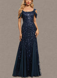 Piper Trumpet/Mermaid Cold Shoulder Square Floor-Length Chiffon Lace Evening Dress With Pleated Sequins UKP0021070