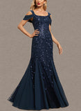 Piper Trumpet/Mermaid Cold Shoulder Square Floor-Length Chiffon Lace Evening Dress With Pleated Sequins UKP0021070