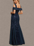 Piper Trumpet/Mermaid Cold Shoulder Square Floor-Length Chiffon Lace Evening Dress With Pleated Sequins UKP0021070