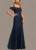 Piper Trumpet/Mermaid Cold Shoulder Square Floor-Length Chiffon Lace Evening Dress With Pleated Sequins UKP0021070