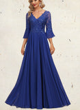 Alia A-line V-Neck Floor-Length Chiffon Lace Evening Dress With Sequins UKP0021079