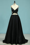 Evening Dresses A Line Spaghetti Straps Satin Sweep Train