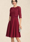 Carolina A-line Scoop Knee-Length Chiffon Lace Cocktail Dress With Beading UKP0021081