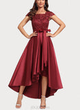 Amy A-line Square Asymmetrical Lace Satin Cocktail Dress With Bow Sequins UKP0021082