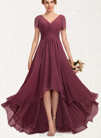 Kaley A-line V-Neck Asymmetrical Chiffon Lace Evening Dress With Pleated UKP0021083