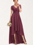 Kaley A-line V-Neck Asymmetrical Chiffon Lace Evening Dress With Pleated UKP0021083