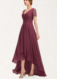 Kaley A-line V-Neck Asymmetrical Chiffon Lace Evening Dress With Pleated UKP0021083