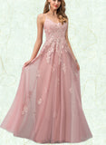 Elliana Ball-Gown/Princess V-Neck Floor-Length Tulle Prom Dresses With Sequins UKP0021085