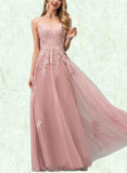 Elliana Ball-Gown/Princess V-Neck Floor-Length Tulle Prom Dresses With Sequins UKP0021085