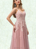 Elliana Ball-Gown/Princess V-Neck Floor-Length Tulle Prom Dresses With Sequins UKP0021085