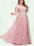 Elliana Ball-Gown/Princess V-Neck Floor-Length Tulle Prom Dresses With Sequins UKP0021085