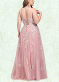 Elliana Ball-Gown/Princess V-Neck Floor-Length Tulle Prom Dresses With Sequins UKP0021085