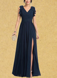 Bethany A-line V-Neck Floor-Length Chiffon Evening Dress With Pleated UKP0021086