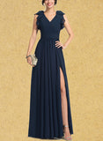 Bethany A-line V-Neck Floor-Length Chiffon Evening Dress With Pleated UKP0021086