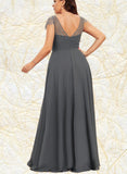 Jan A-line V-Neck Floor-Length Chiffon Evening Dress With Beading Pleated Sequins UKP0021089