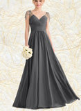 Jan A-line V-Neck Floor-Length Chiffon Evening Dress With Beading Pleated Sequins UKP0021089