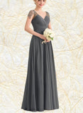 Jan A-line V-Neck Floor-Length Chiffon Evening Dress With Beading Pleated Sequins UKP0021089