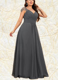 Jan A-line V-Neck Floor-Length Chiffon Evening Dress With Beading Pleated Sequins UKP0021089