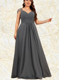 Jan A-line V-Neck Floor-Length Chiffon Evening Dress With Beading Pleated Sequins UKP0021089