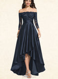 Dayami A-line Off the Shoulder Asymmetrical Lace Satin Evening Dress With Cascading Ruffles Sequins UKP0021091