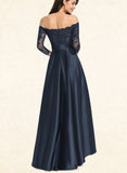 Dayami A-line Off the Shoulder Asymmetrical Lace Satin Evening Dress With Cascading Ruffles Sequins UKP0021091