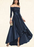 Dayami A-line Off the Shoulder Asymmetrical Lace Satin Evening Dress With Cascading Ruffles Sequins UKP0021091