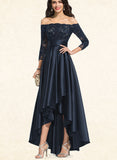 Dayami A-line Off the Shoulder Asymmetrical Lace Satin Evening Dress With Cascading Ruffles Sequins UKP0021091