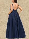 Johanna A-line V-Neck Floor-Length Lace Tulle Evening Dress With Beading Sequins UKP0021092