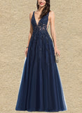 Johanna A-line V-Neck Floor-Length Lace Tulle Evening Dress With Beading Sequins UKP0021092