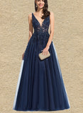 Johanna A-line V-Neck Floor-Length Lace Tulle Evening Dress With Beading Sequins UKP0021092