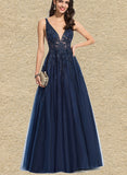 Johanna A-line V-Neck Floor-Length Lace Tulle Evening Dress With Beading Sequins UKP0021092