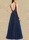 Johanna A-line V-Neck Floor-Length Lace Tulle Evening Dress With Beading Sequins UKP0021092