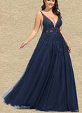 Johanna A-line V-Neck Floor-Length Lace Tulle Evening Dress With Beading Sequins UKP0021092