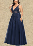 Johanna A-line V-Neck Floor-Length Lace Tulle Evening Dress With Beading Sequins UKP0021092