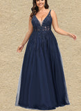 Johanna A-line V-Neck Floor-Length Lace Tulle Evening Dress With Beading Sequins UKP0021092