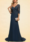 Jayla Trumpet/Mermaid V-Neck Sweep Train Chiffon Lace Evening Dress With Sequins UKP0021095