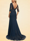 Jayla Trumpet/Mermaid V-Neck Sweep Train Chiffon Lace Evening Dress With Sequins UKP0021095